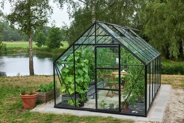 HALLS GEWÄCHSHAUS UNIVERSAL 9,9 M² ALU/SCHWARZ MIT 3 MM BLANKGLAS